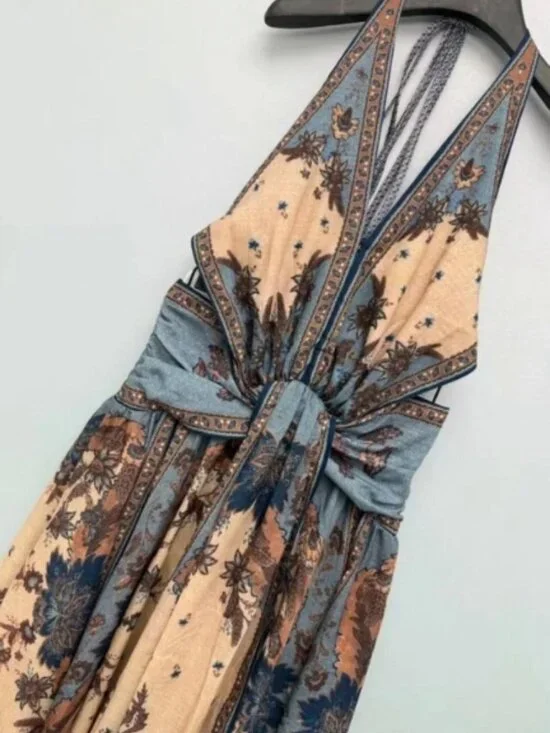 Zimmermann Beige and Blue Floral Halter Maxi Dress - Picture 5 of 9